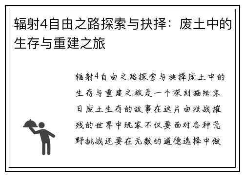 辐射4自由之路探索与抉择：废土中的生存与重建之旅